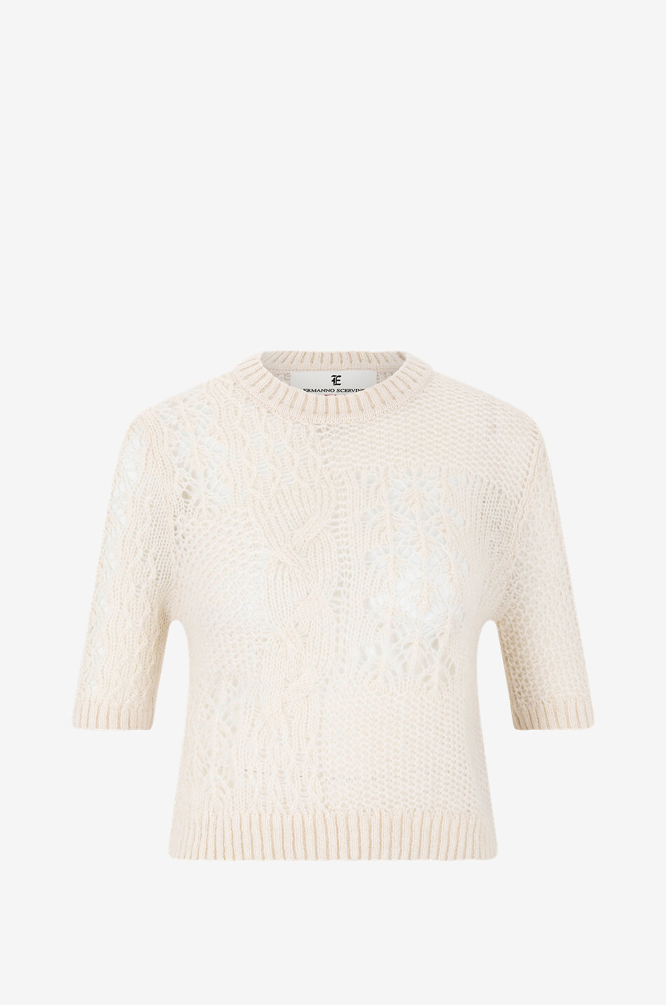 ERMANNO SCERVINO Verkürzter Kurzarm-Lochstrickpullover aus Kaschmir und Mohair Damen CREMEFARBEN 1