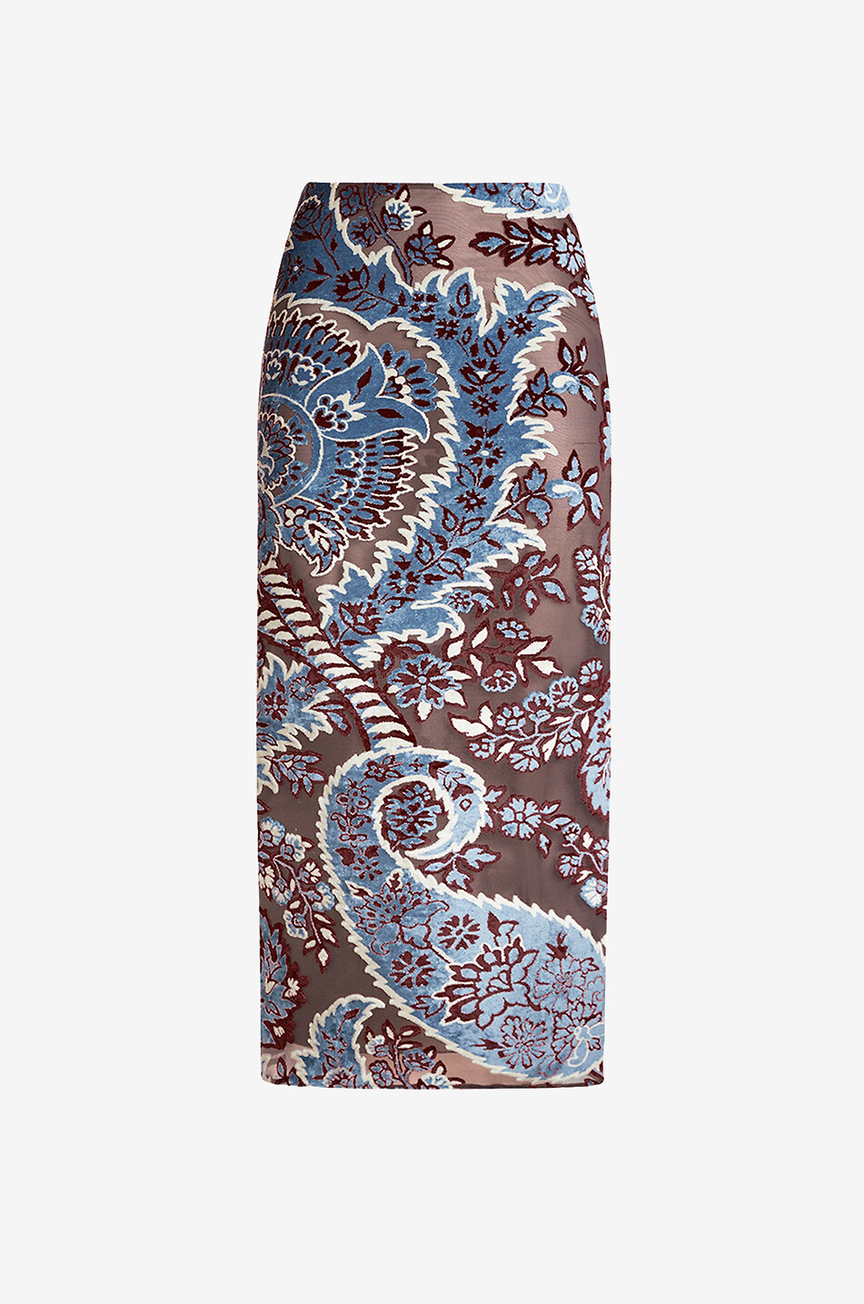 Jupe crayon en velours dévoré et tulle motif tapisserie