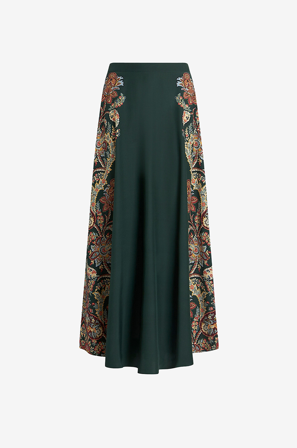 Ausgestellter langer Seidenrock mit floralem Paisley-Print