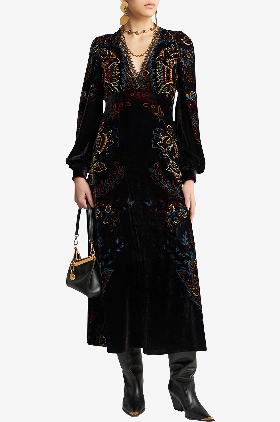 Floral velvet midi empire dress with lace