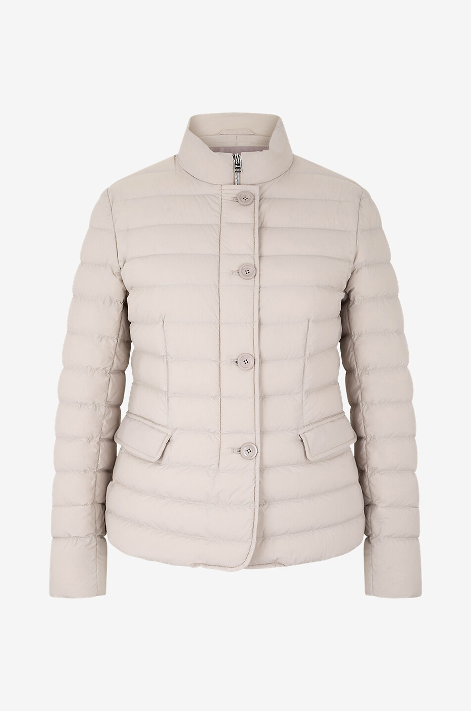 Packable lightweight cinched down jacket with stand-up collar
