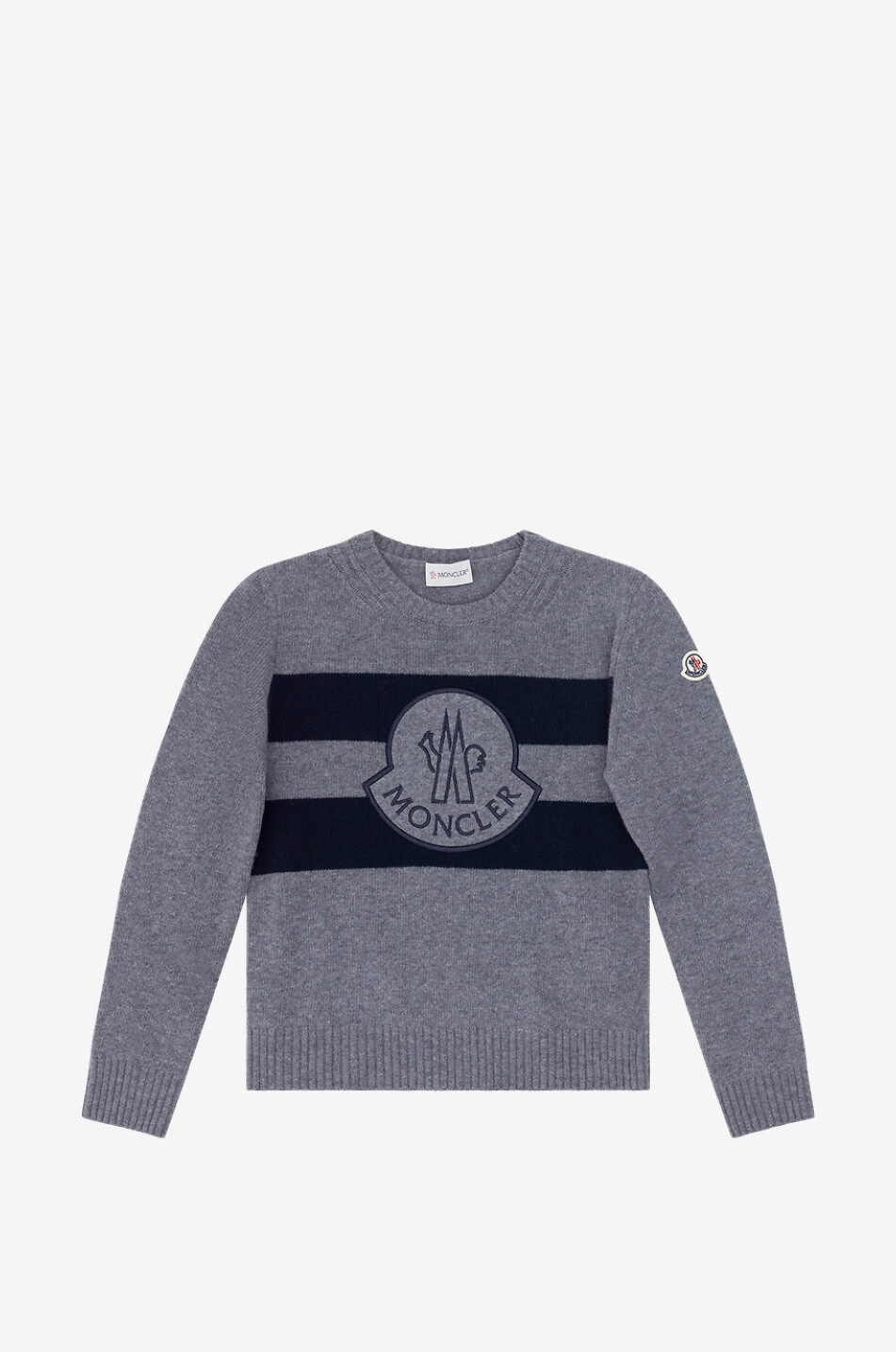 Macro logo patch and stripe adorned boy s wool jumper MONCLER Bongenie