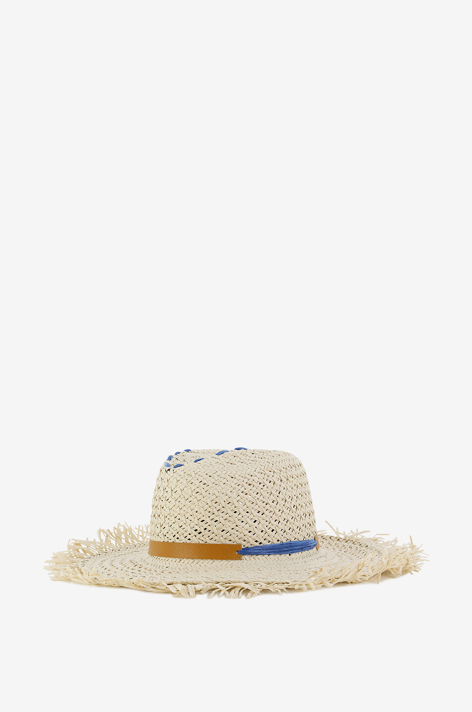 Fedora tressé à ruban en cuir et bord effiloché