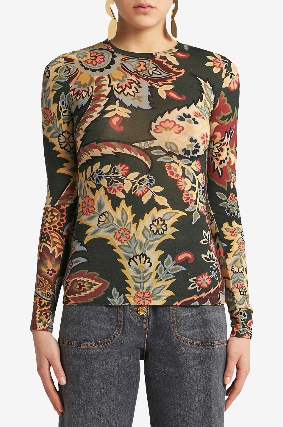 Top ajusté à manches longues en jersey de laine Floral Paisley