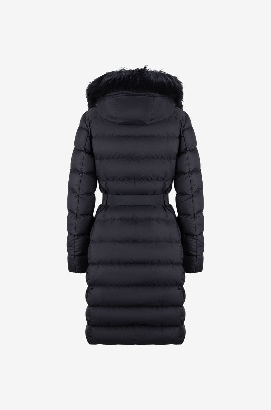 Khloe long belted down jacket with shearling