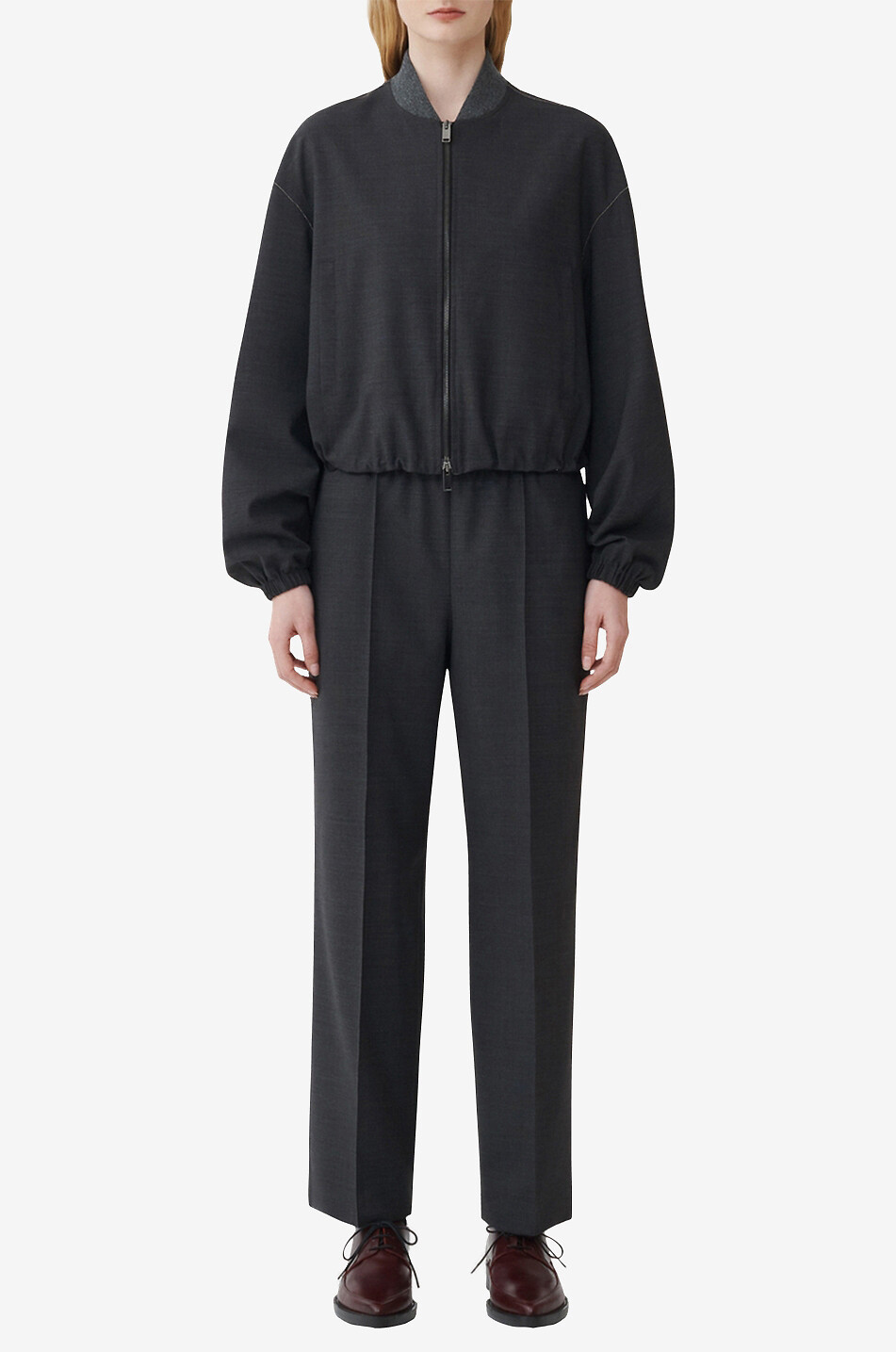 Lightweight cropped wool blend bomber jacket with beading