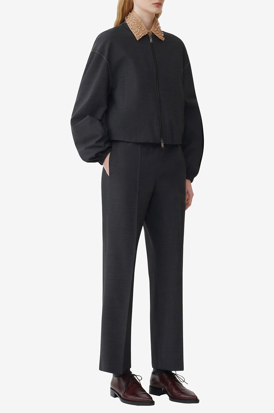 Lightweight cropped wool blend bomber jacket with beading