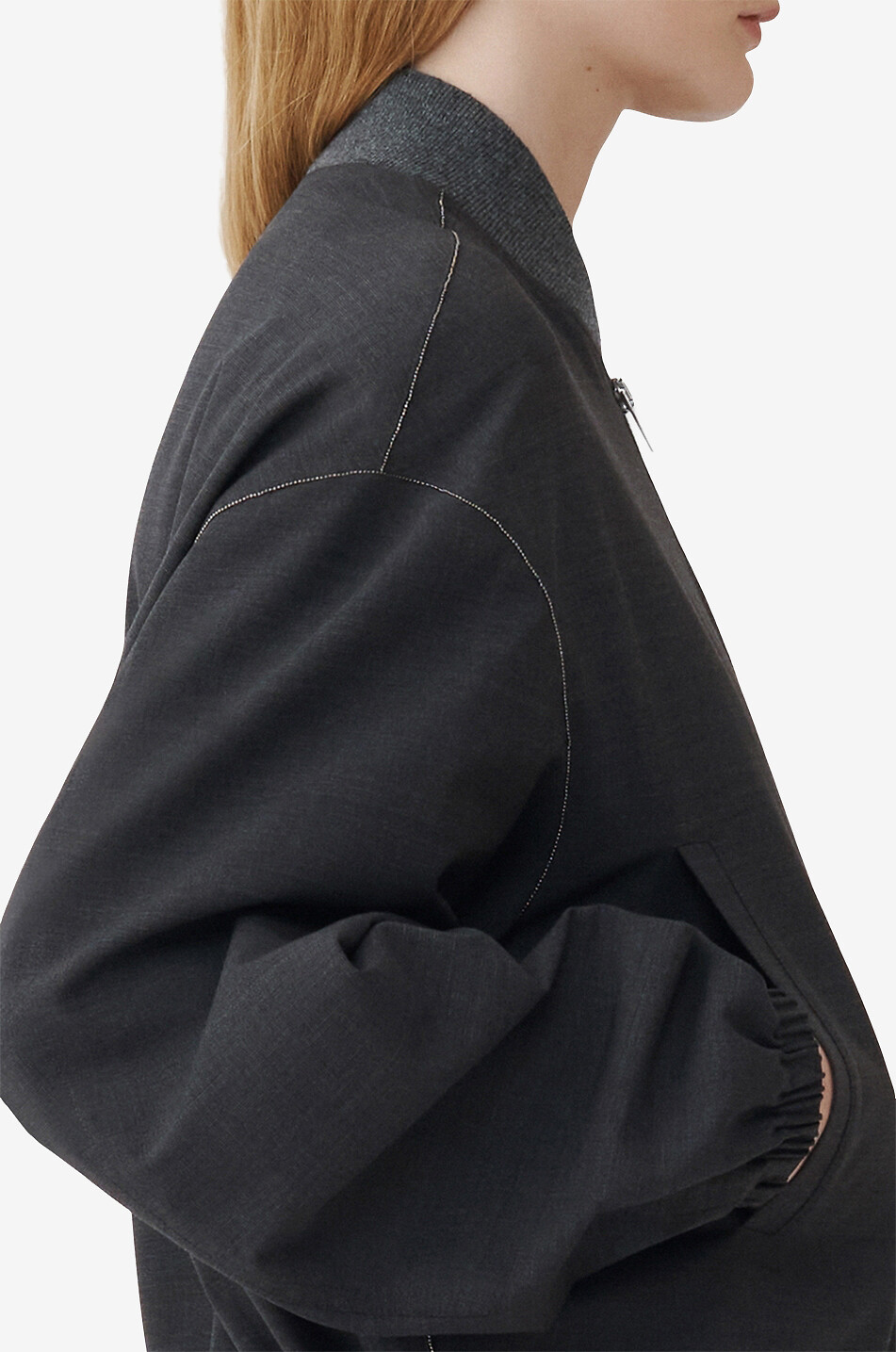 Lightweight cropped wool blend bomber jacket with beading