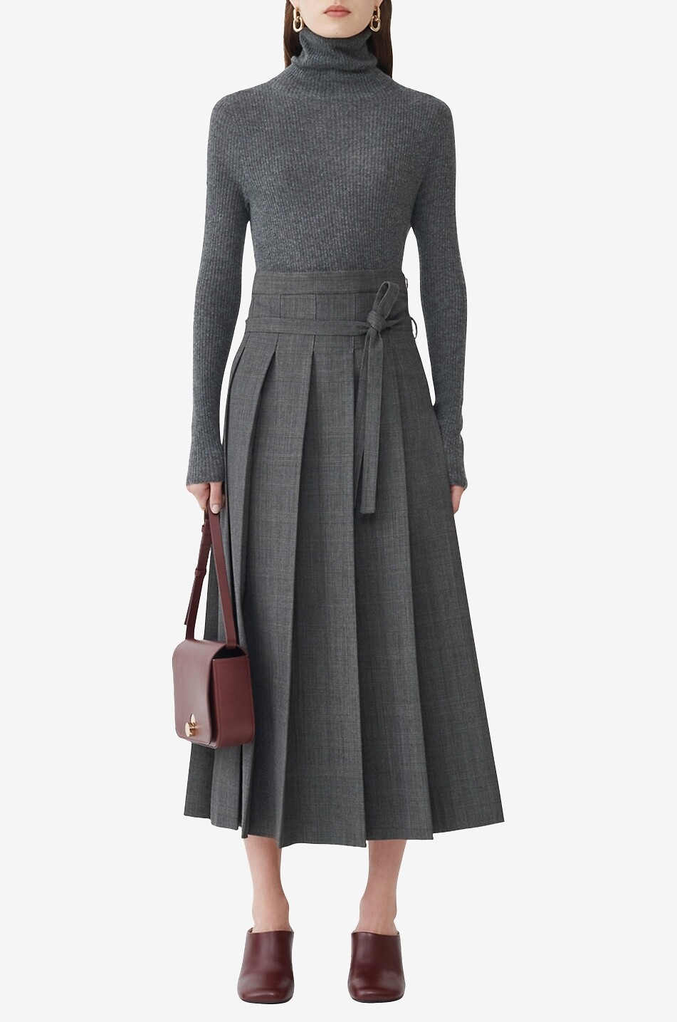 Jupe midi plissée en laine et soie à carreaux