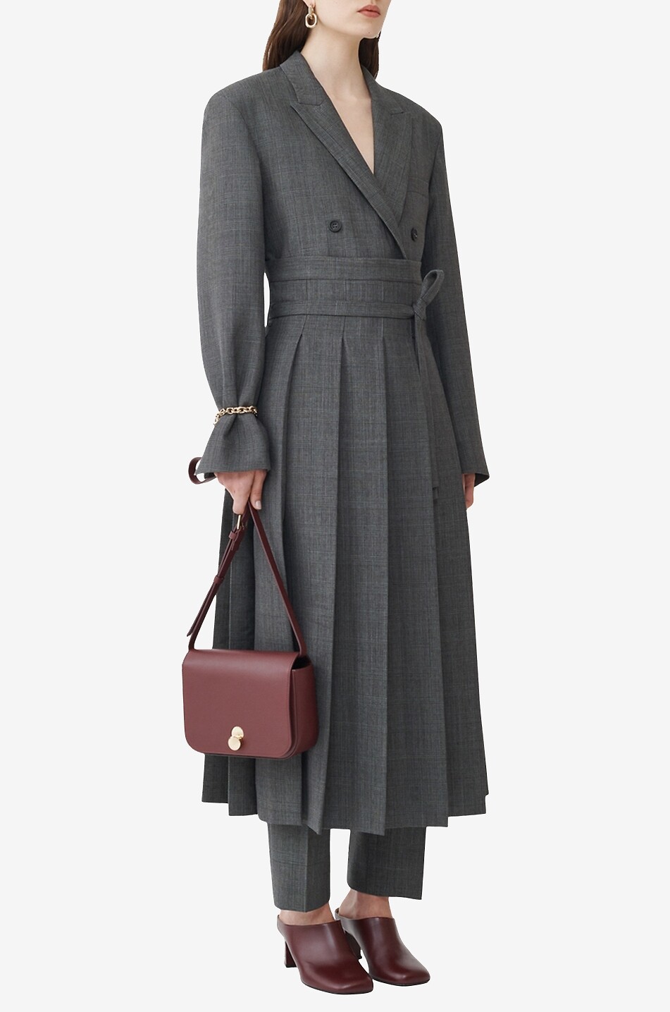 Jupe midi plissée en laine et soie à carreaux