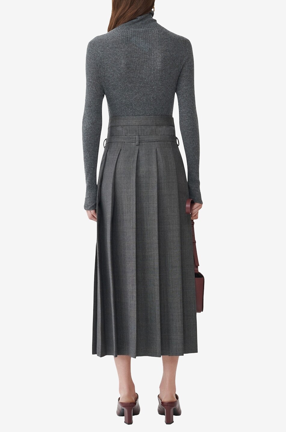 Jupe midi plissée en laine et soie à carreaux