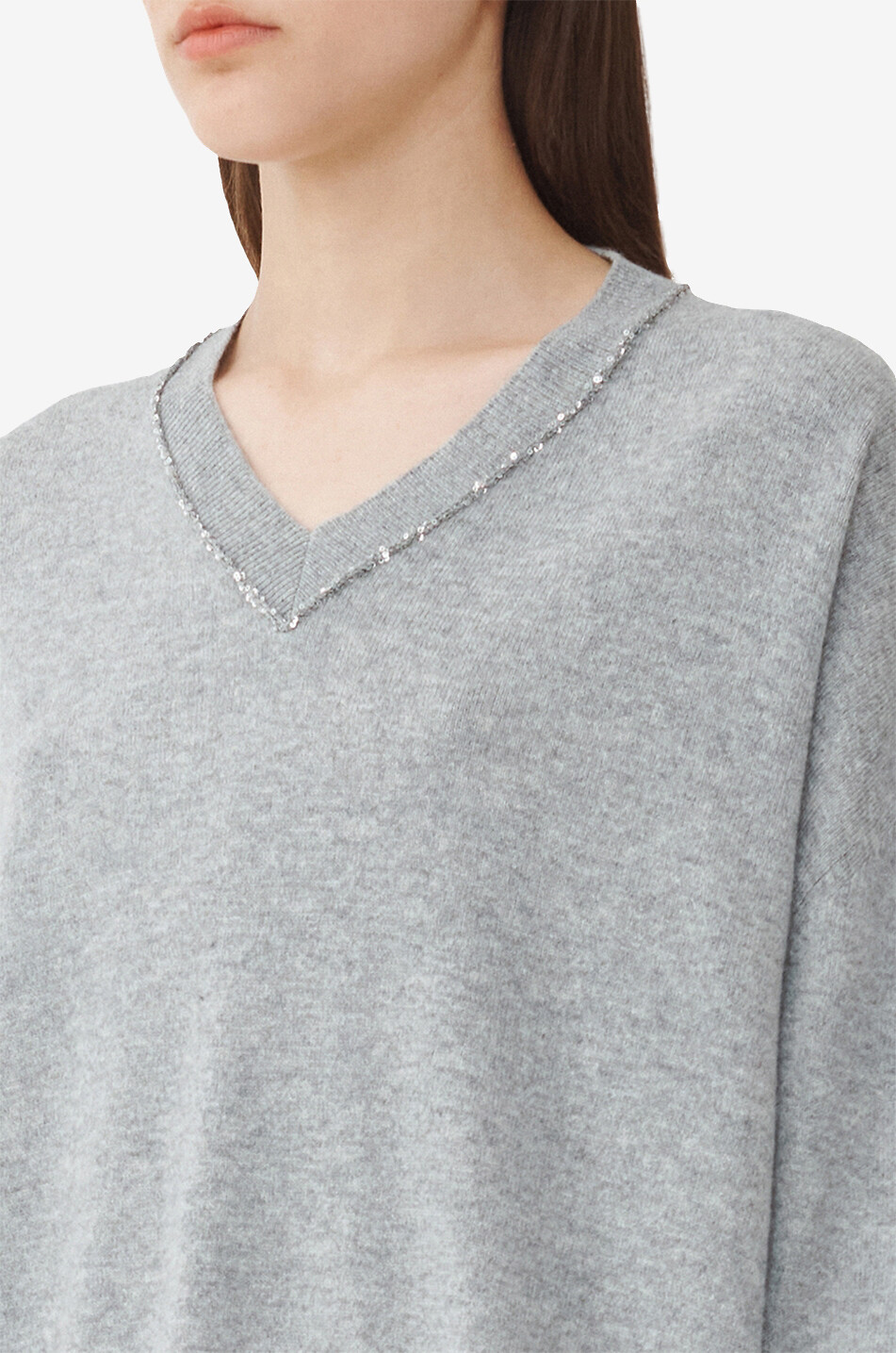 FABIANA FILIPPI Weiter Wollmix-Pullover mit glitzerndem V-Ausschnitt Damen GRAU 5