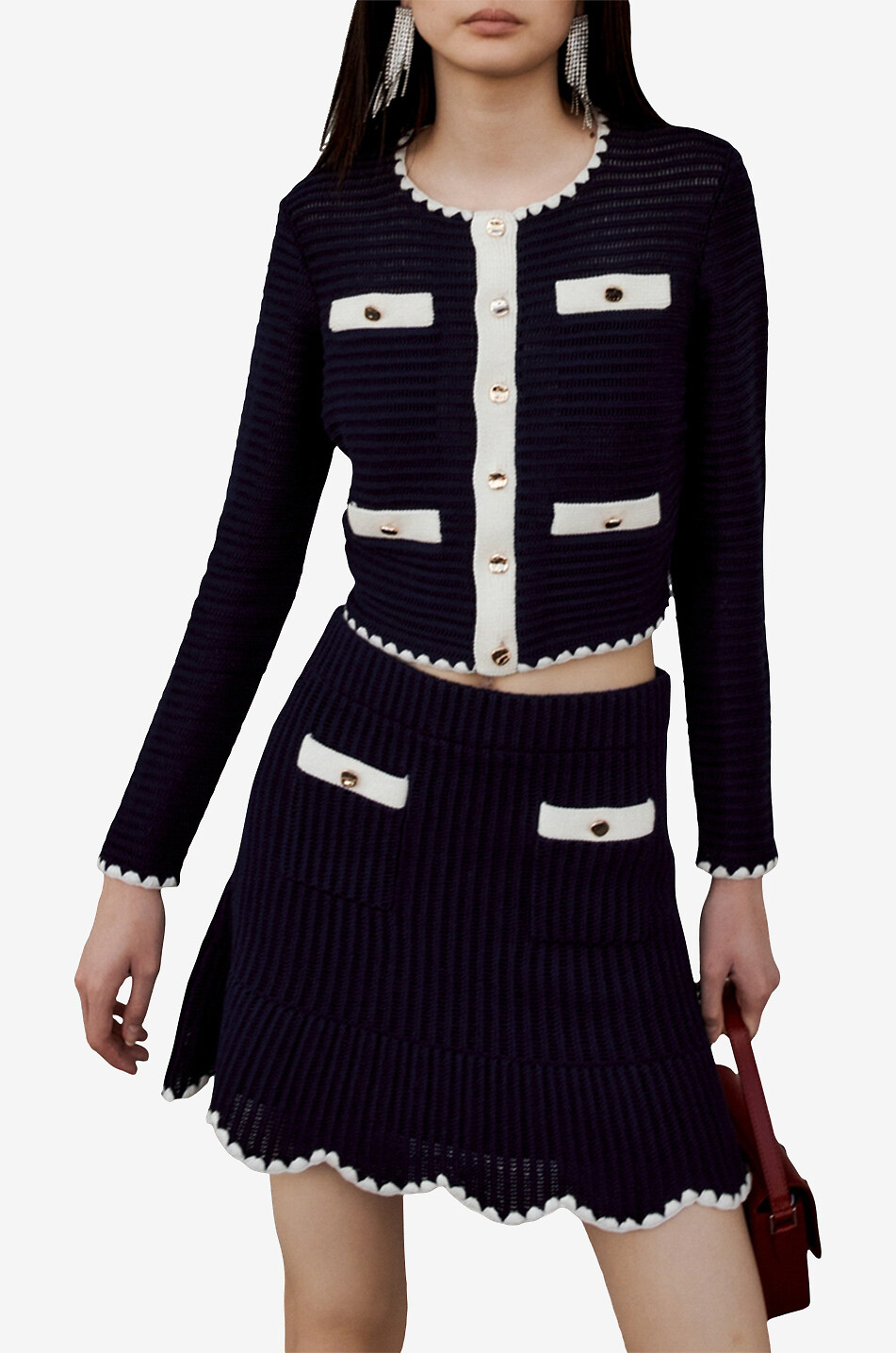 SELF PORTRAIT Short crochet cardigan with contrasting trims Women DARK BLUE 3