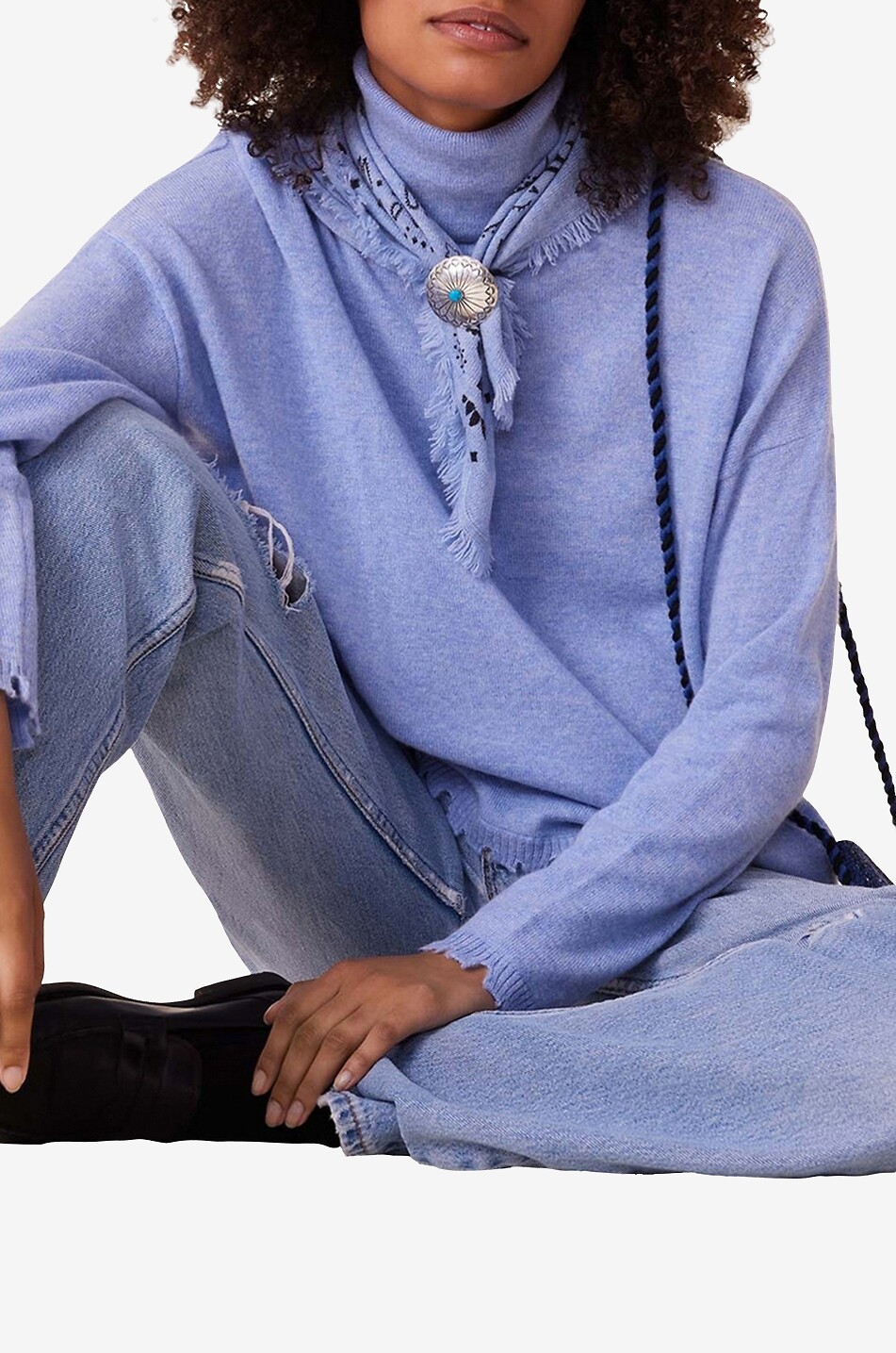 KUJTEN Pull ample à col roulé et bord effiloché en cachemire Mavis Femme BLEU 4