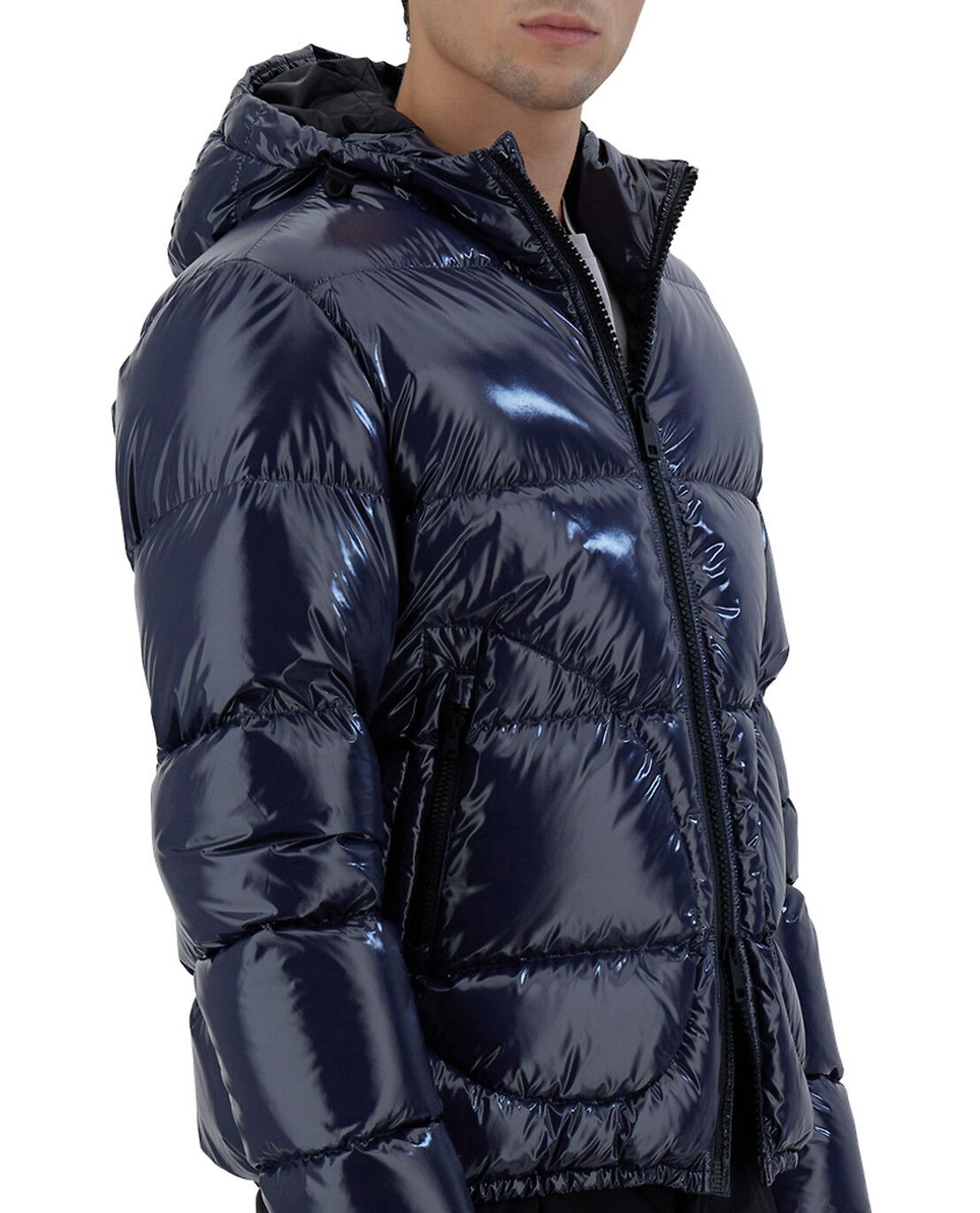 Lacquered nylon hooded down jacket