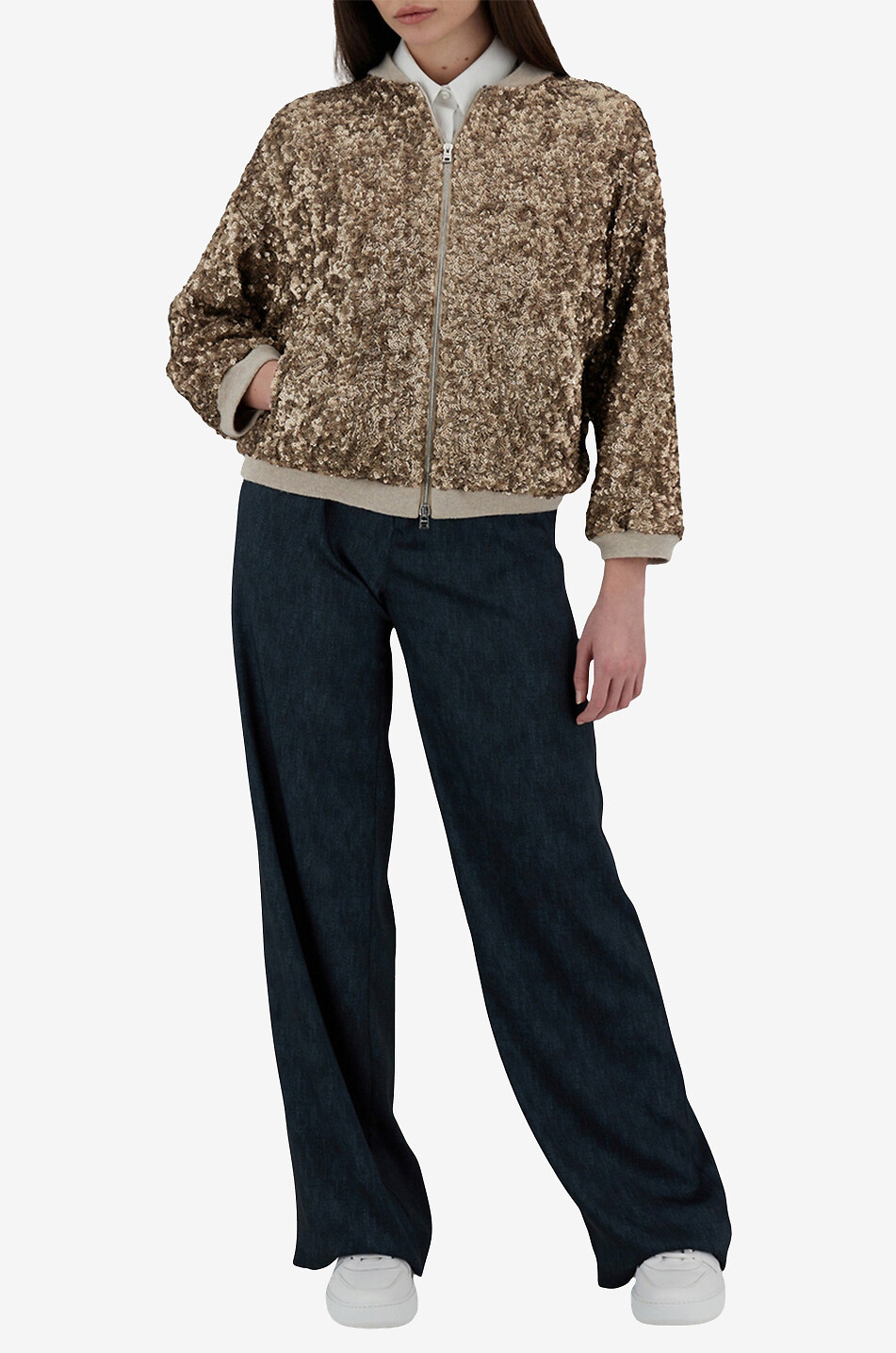 Sequinned varsity bomber jacket