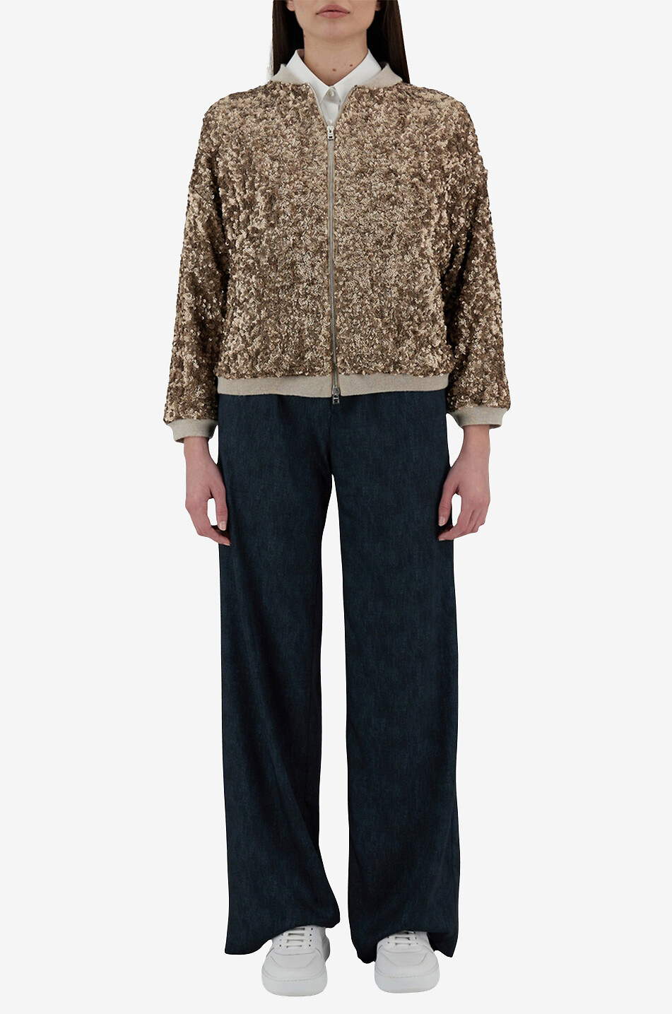 Sequinned varsity bomber jacket