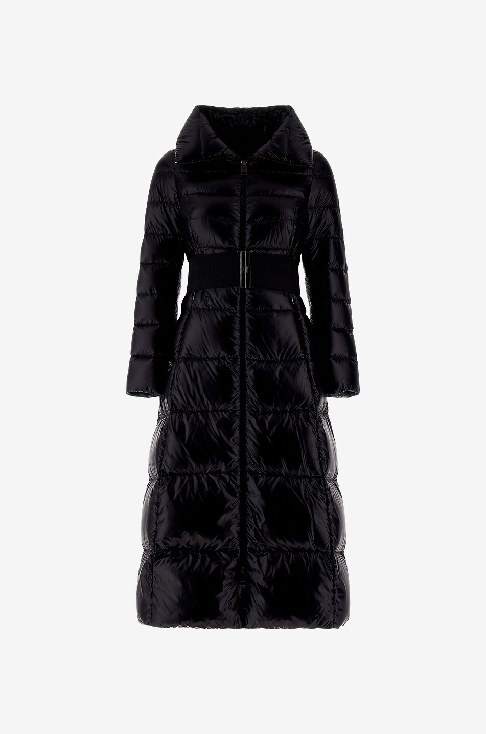 Langer glänzender Nylon-Daunenmantel mit Gürtel