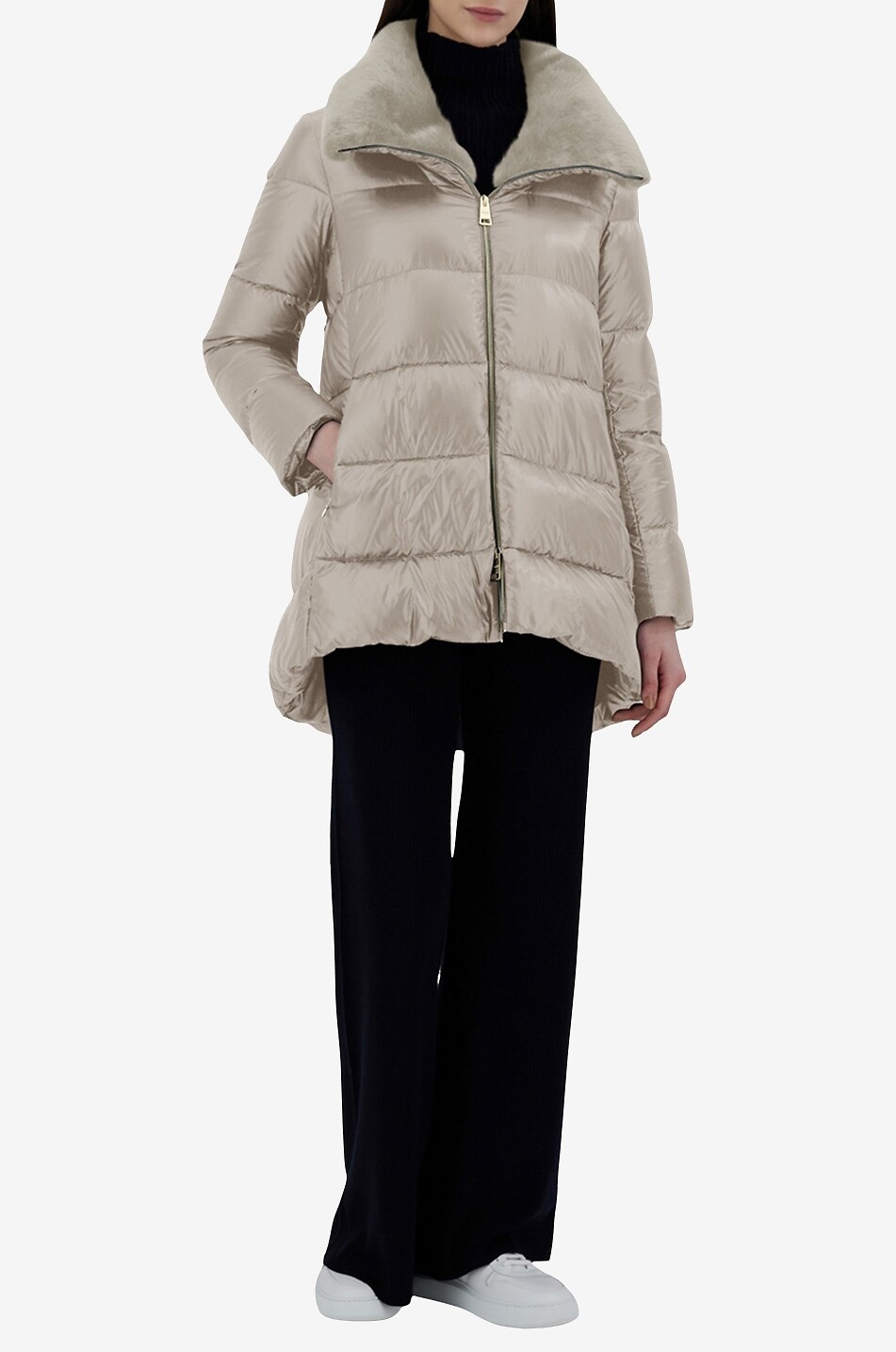 Lightweight A line down jacket with faux fur