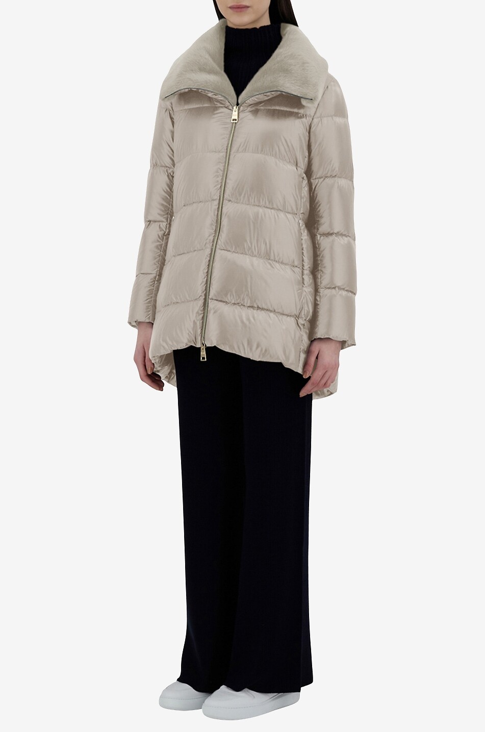 Lightweight A-line down jacket with faux fur
