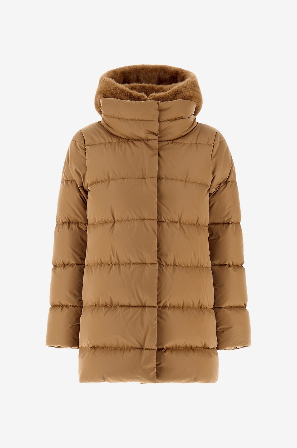 Hooded mid-length parka with faux fur