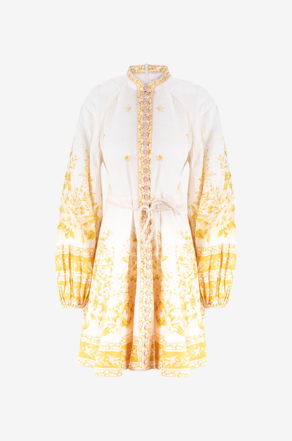 Golden Buttoned floral linen mini shirt dress