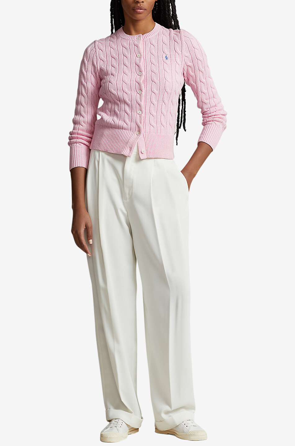 POLO RALPH LAUREN Pony cotton cable-knit round-neck cardigan Women LIGHT PINK 4