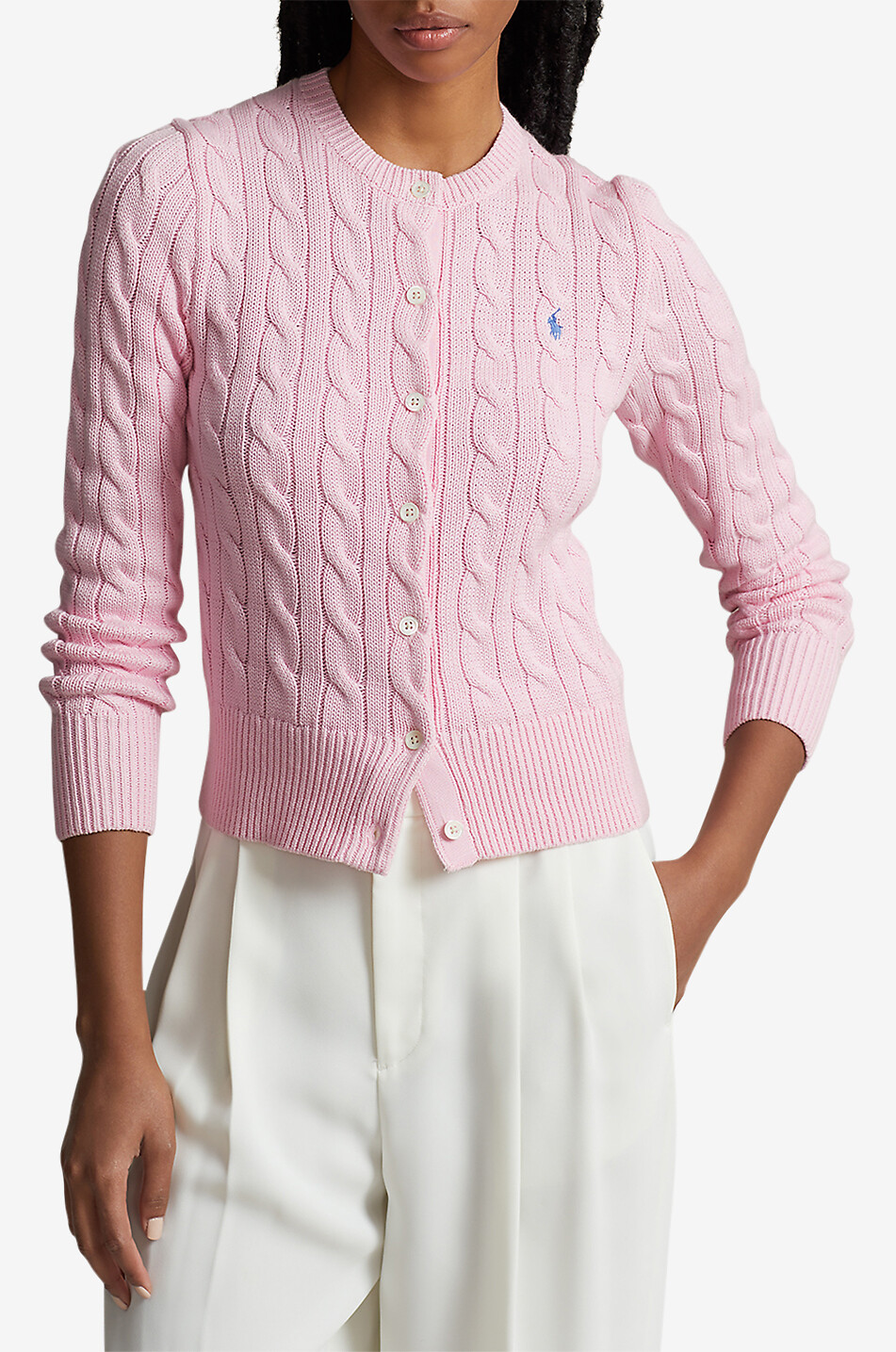 POLO RALPH LAUREN Pony cotton cable-knit round-neck cardigan Women LIGHT PINK 2