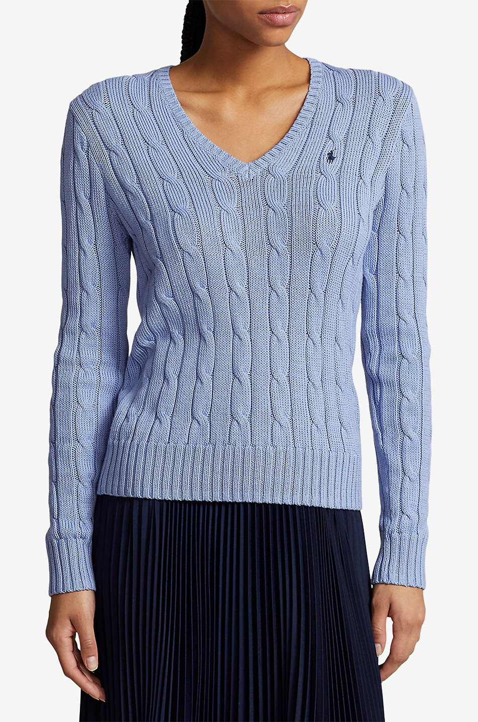 POLO RALPH LAUREN Pony V-neck cable-knit cotton jumper Women LIGHT BLUE 2