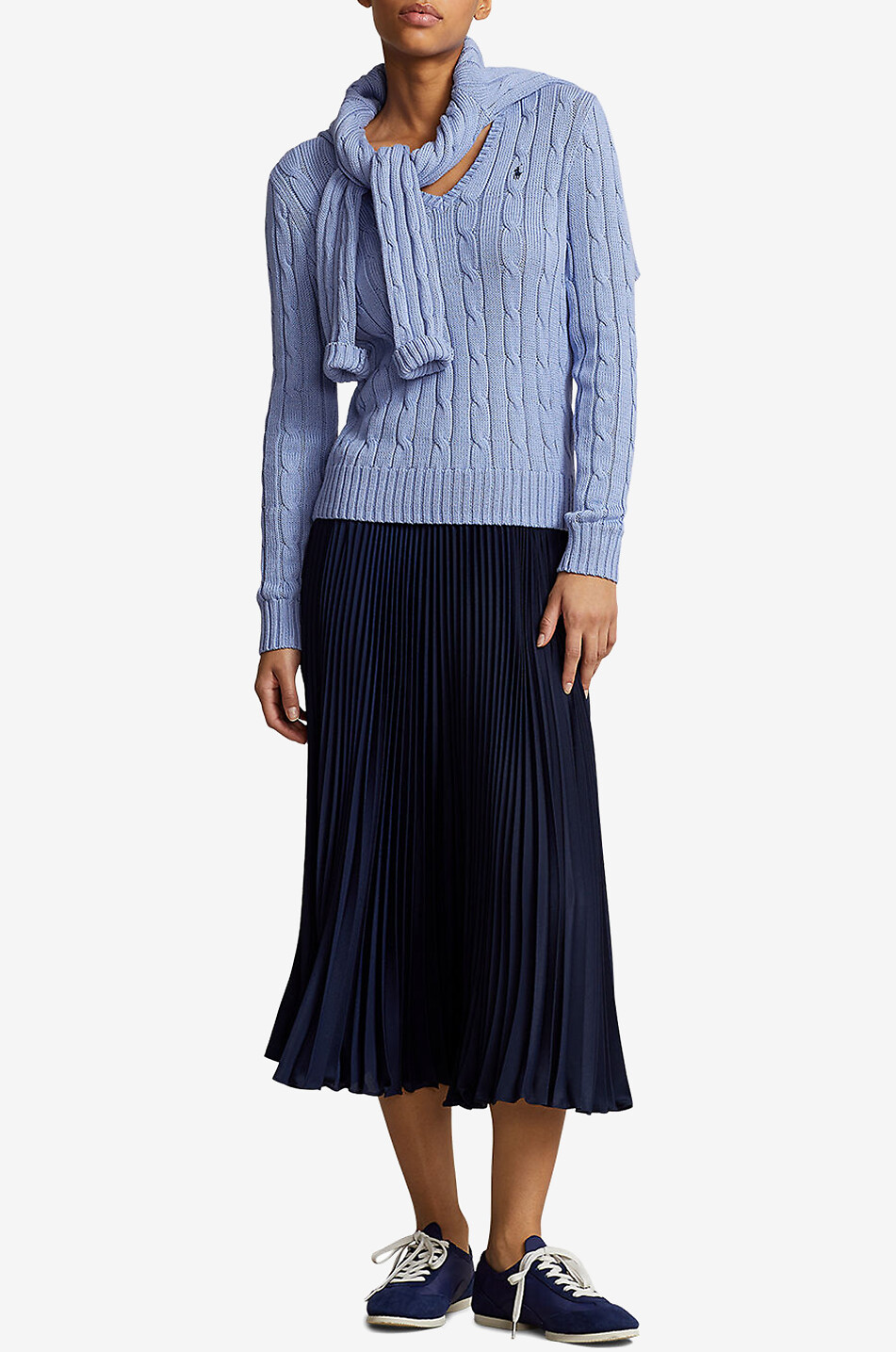 POLO RALPH LAUREN Pony V-neck cable-knit cotton jumper Women LIGHT BLUE 4