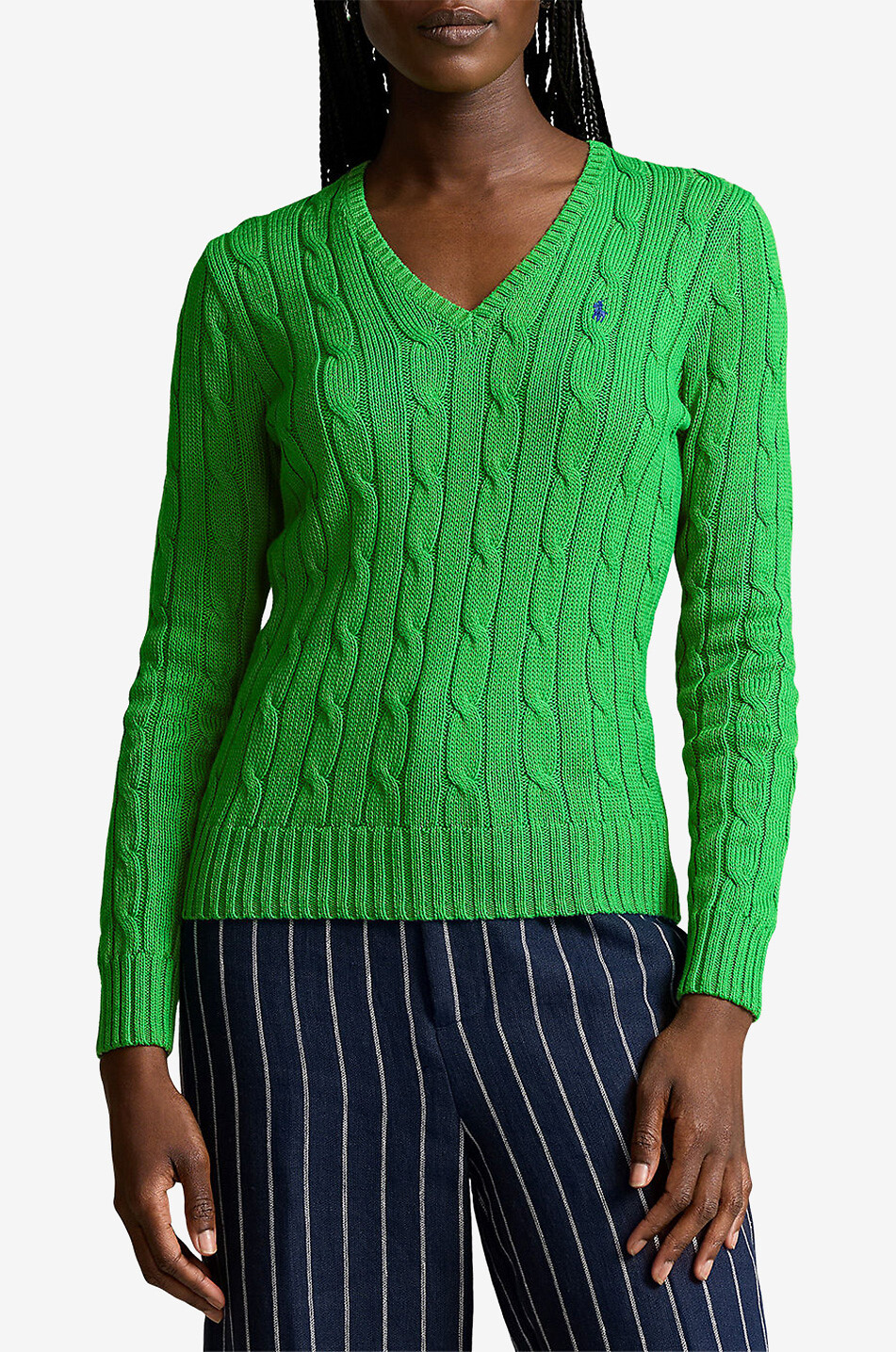 POLO RALPH LAUREN Pony V-neck cable-knit cotton jumper Women GREEN 2