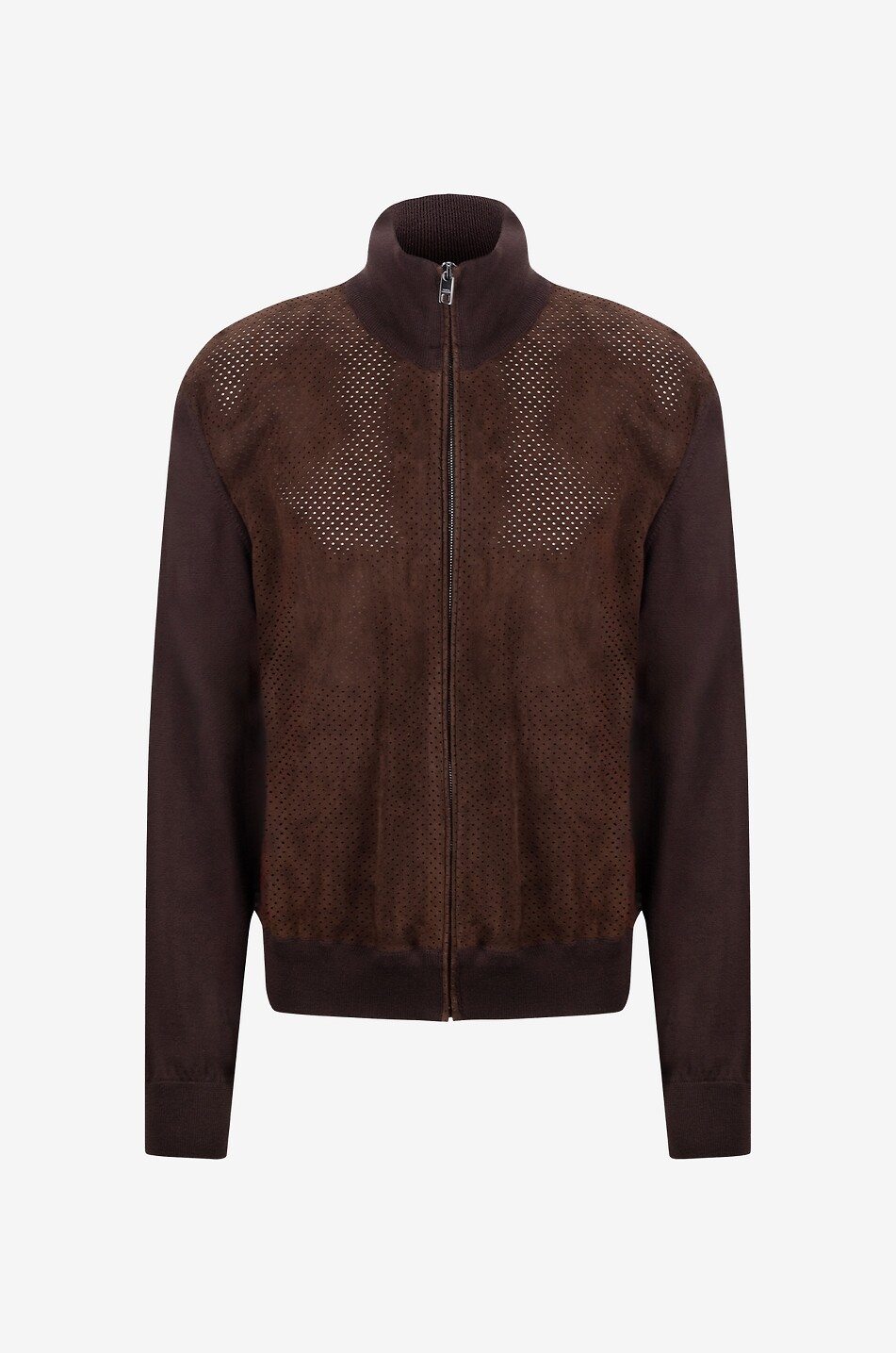 Wool knit and perforated suede bomber jacket