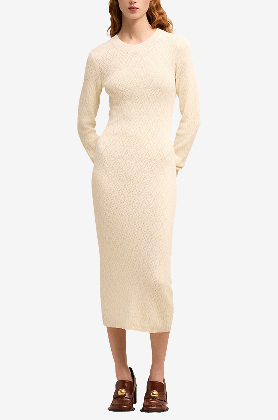 AMI Robe pull ajourée ajustée en coton et laine Ami de Coeur Femme BLANC CASSE 2