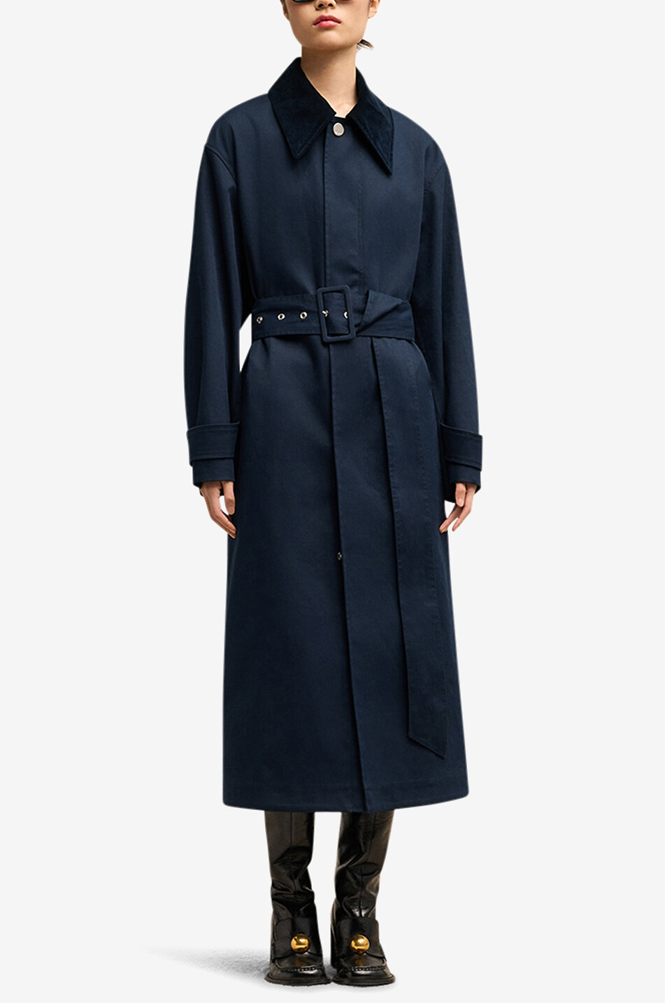 AMI Trench en coton à col en velours côtelé Femme BLEU FONCE 2