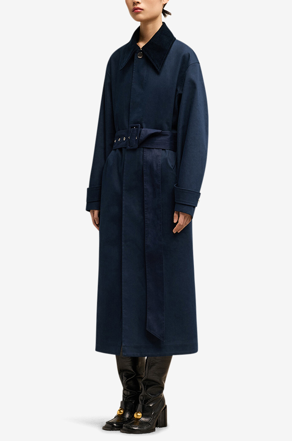 AMI Trench en coton à col en velours côtelé Femme BLEU FONCE 3