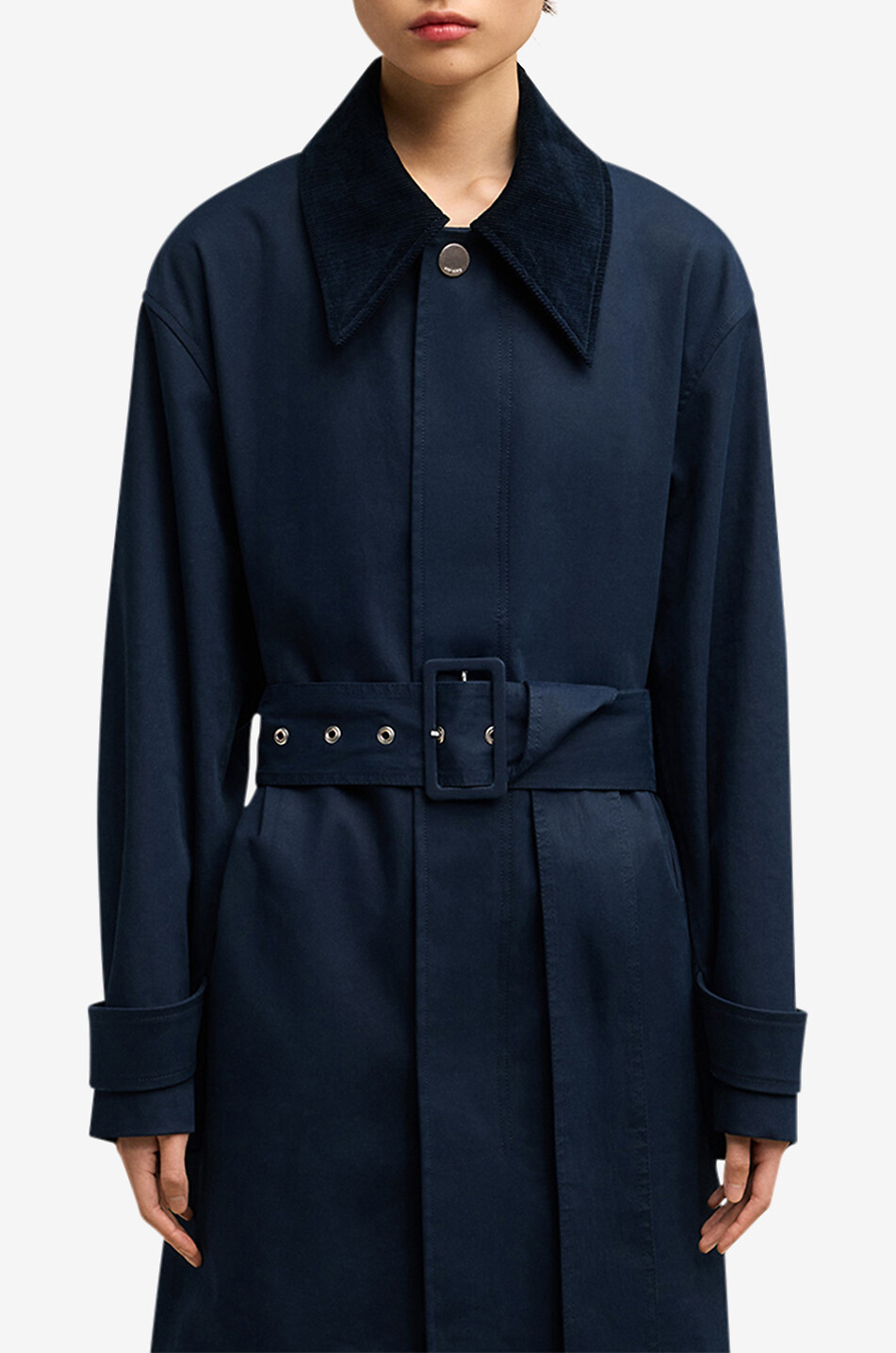 AMI Trench en coton à col en velours côtelé Femme BLEU FONCE 5