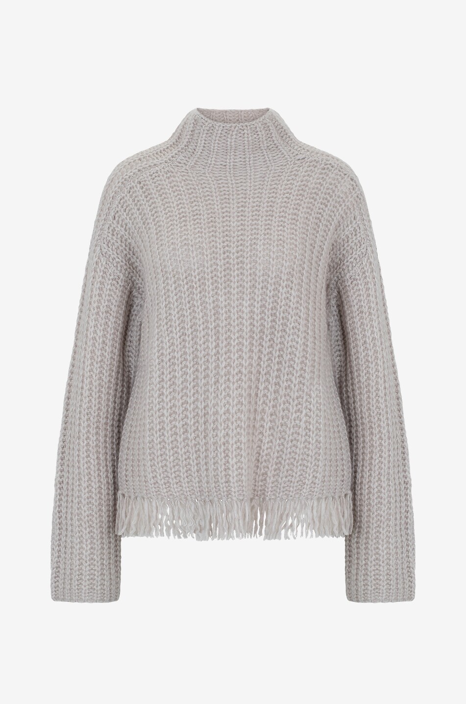 Gefranster Kaschmir- und Baumwollpullover mit Trichterkragen