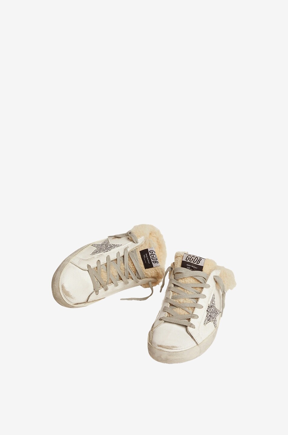 GOLDEN GOOSE Niedrige Leder- und Shearlingsneakers Super-Star Sabot Damen GRAU 2