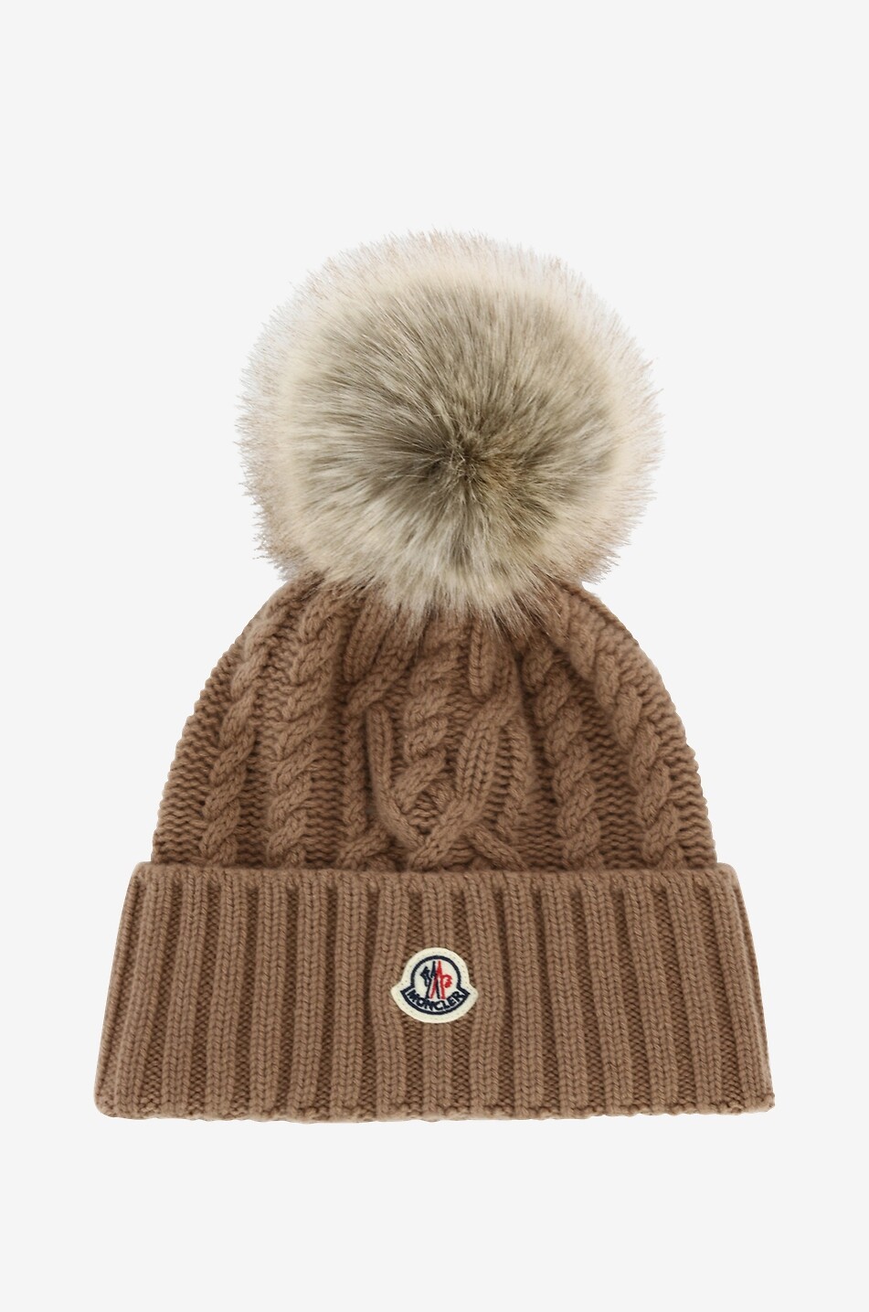 Bonnet torsadé en laine et cachemire à pompon en peluche