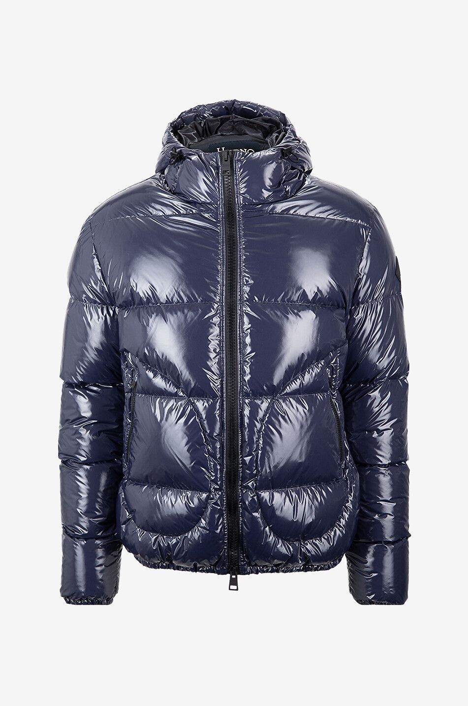 Lacquered nylon hooded down jacket