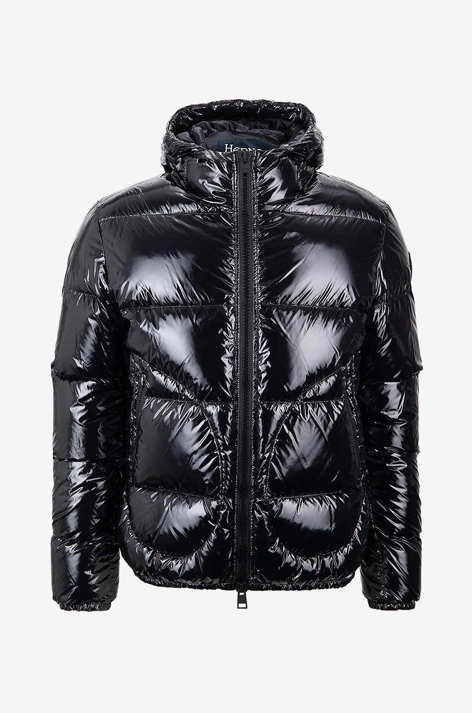 Lacquered nylon hooded down jacket