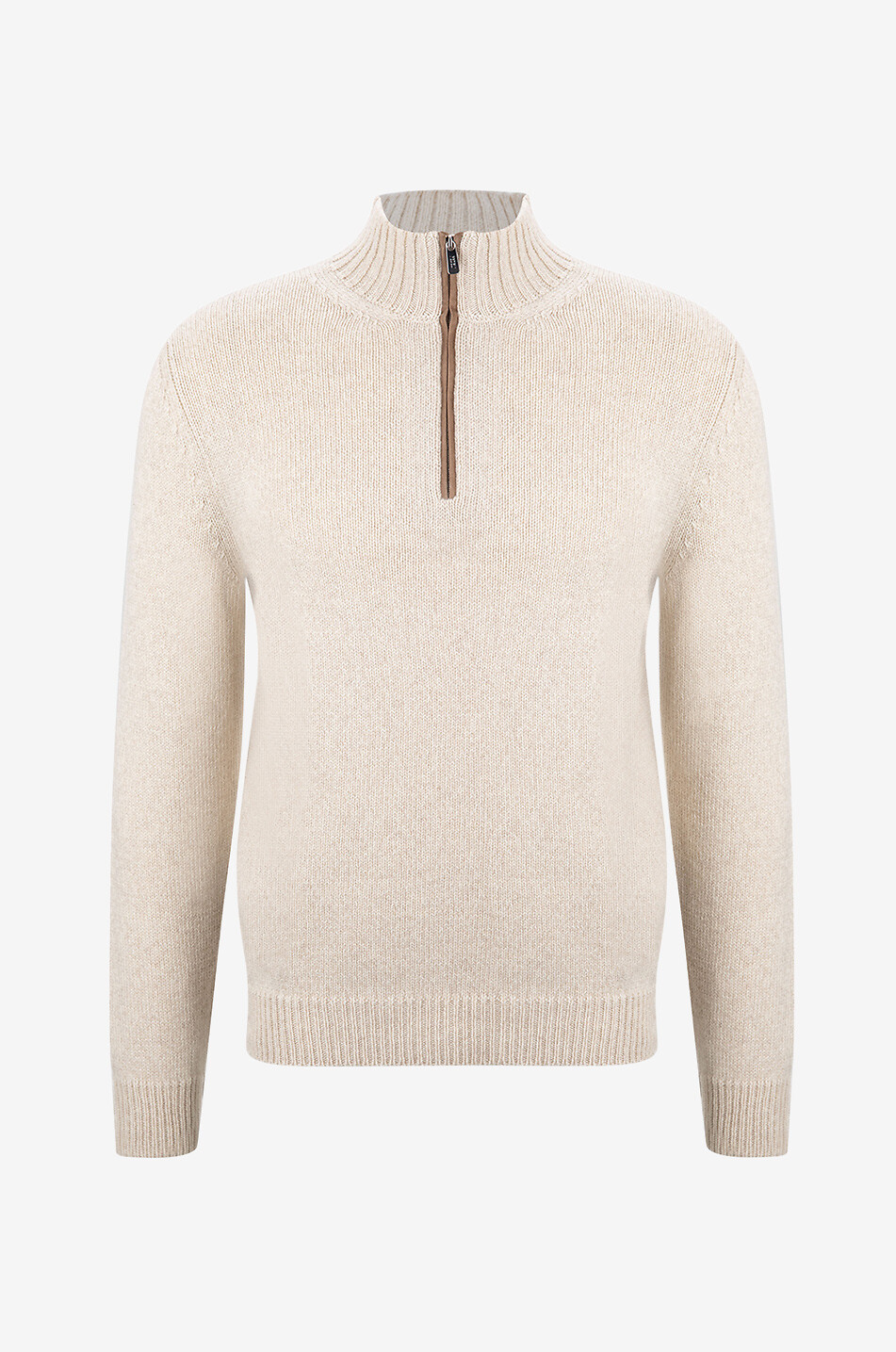 Half-zip stand-up collar cashmere jumper with suede piping