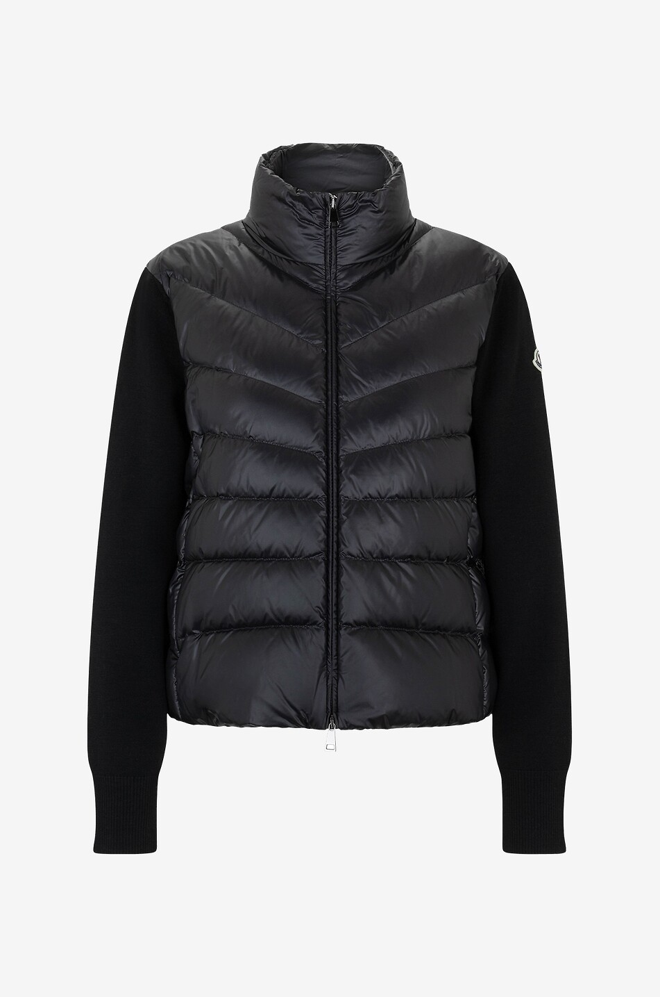 Bi-material cardigan with stand-up collar and cargo pocket