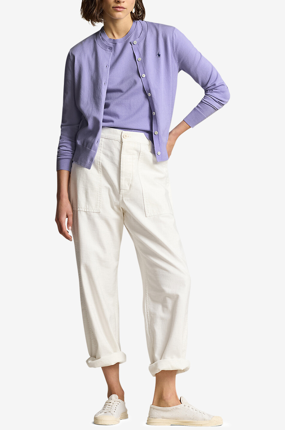 POLO RALPH LAUREN Pony thin cotton blend round neck cardigan Women LIGHT PURPLE 4