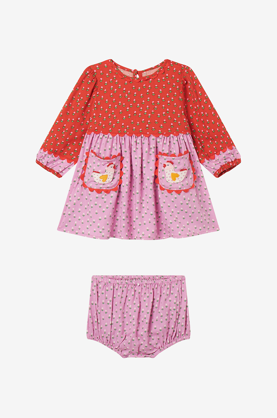 Chicken floral baby twill dress and bloomers