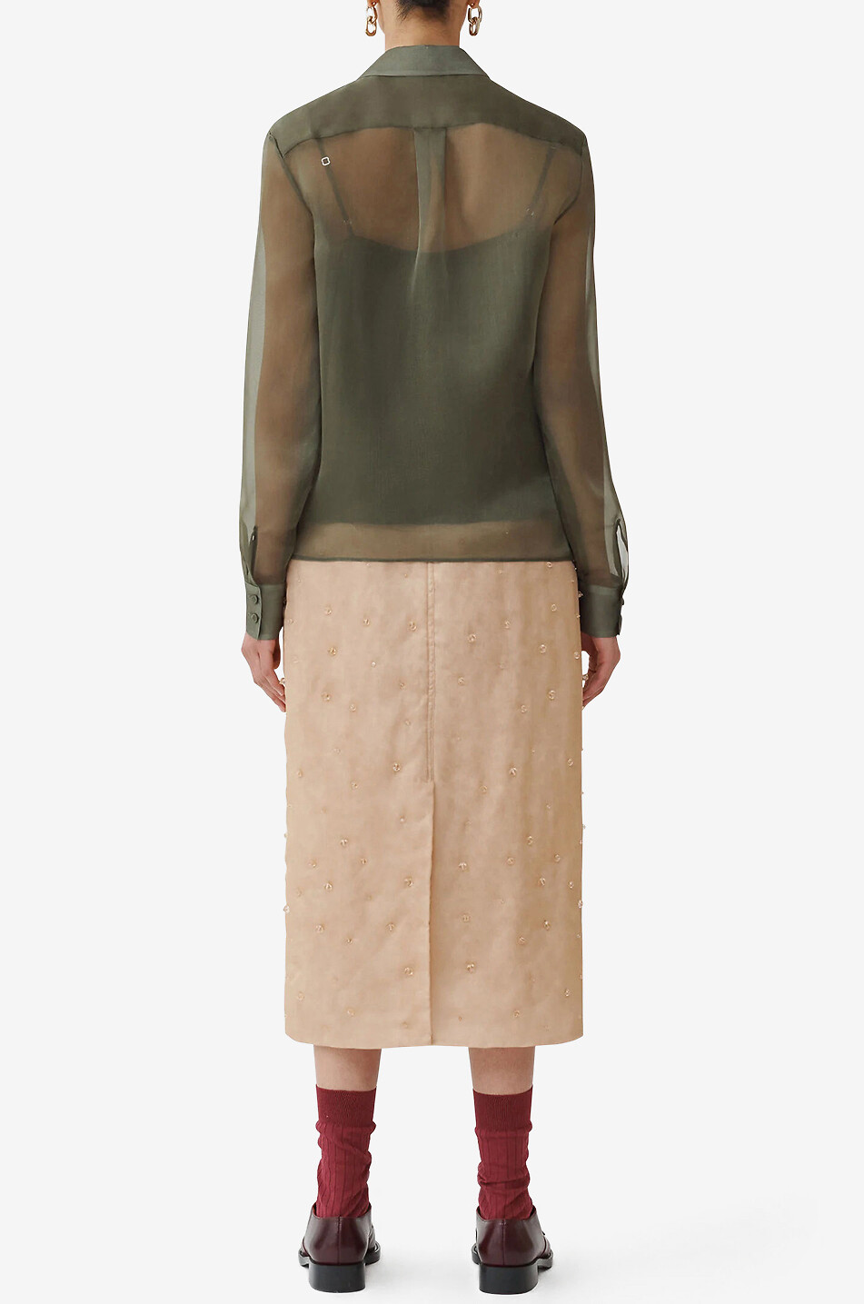 FABIANA FILIPPI Chemise droite en organza de soie à broderies perles Femme KAKI FONCÉ 5