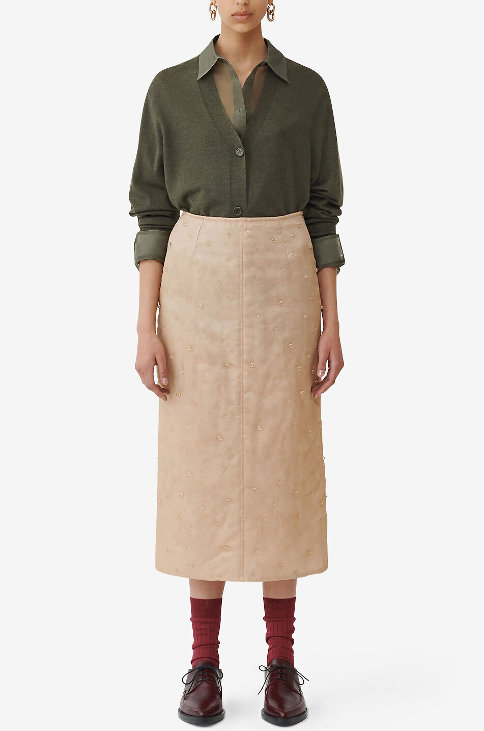 FABIANA FILIPPI Chemise droite en organza de soie à broderies perles Femme KAKI FONCÉ 3