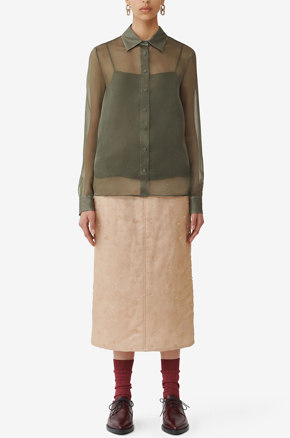 FABIANA FILIPPI Chemise droite en organza de soie à broderies perles Femme KAKI FONCÉ 4