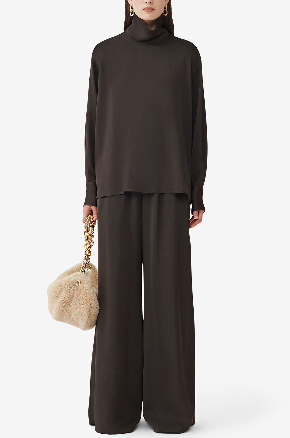 Loose satin blouse with stand-up collar