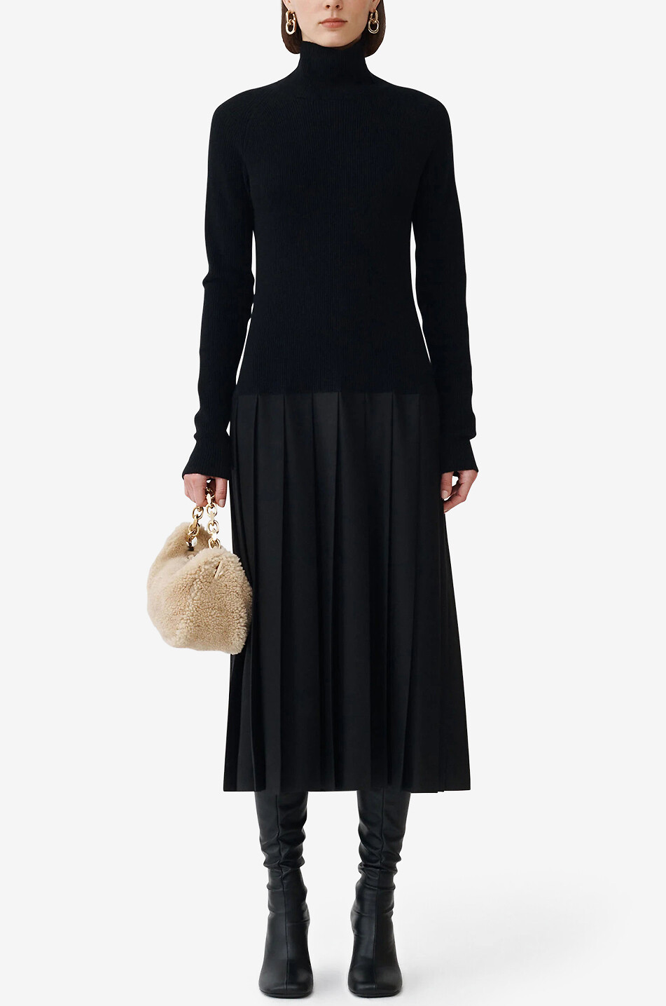 FABIANA FILIPPI Platinum pleated midi knit and flannel dress Women BLACK 2